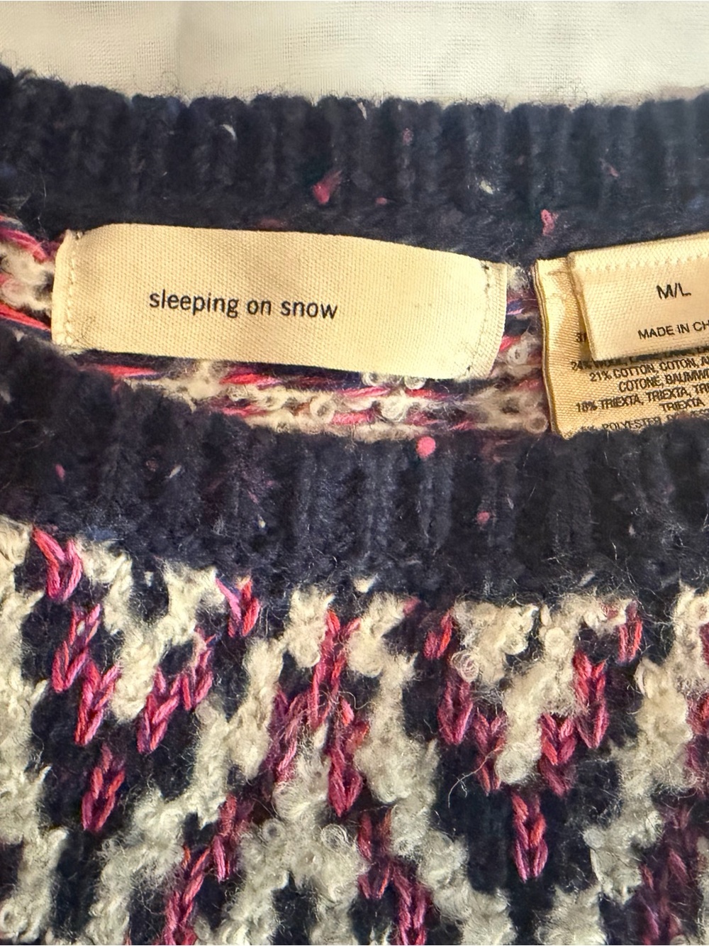Anthropologie Sleeping on Snow Navy, Cream & Pink Crewneck Sweater